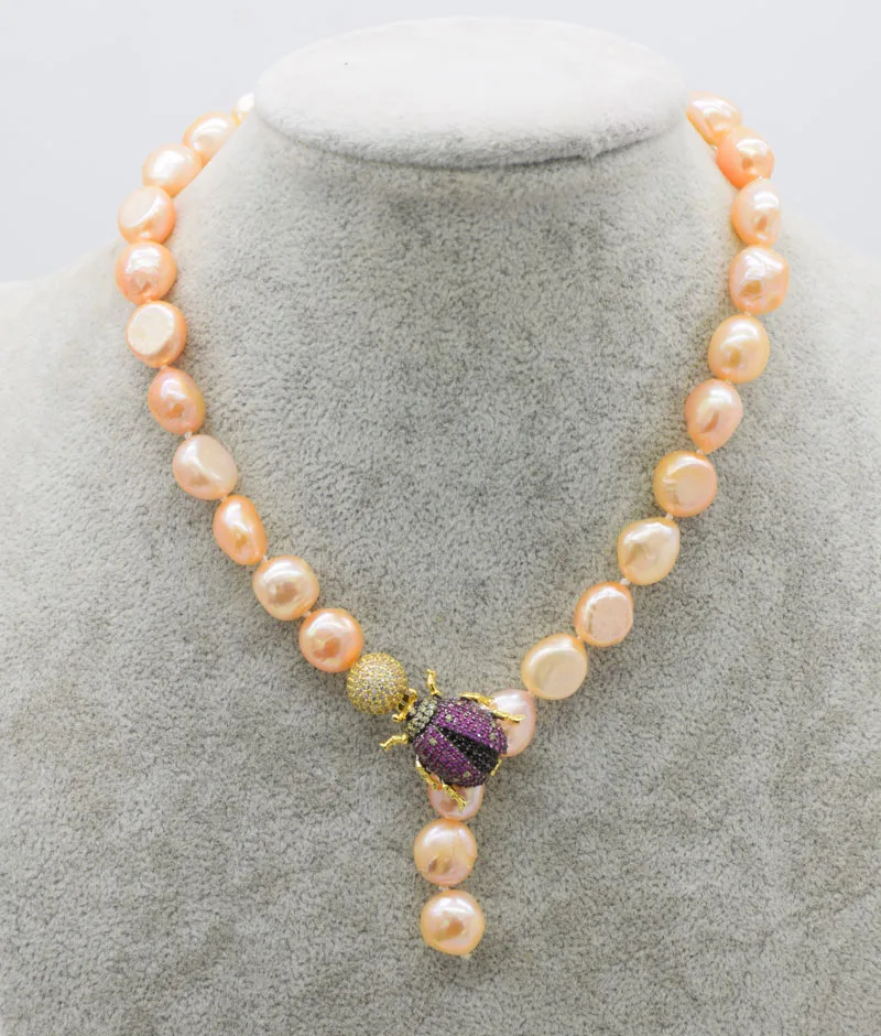 

freshwater pearl necklace pink purple baroque 10-13mm & zircon insects hook 16inch nature beads FPPJ wholesale