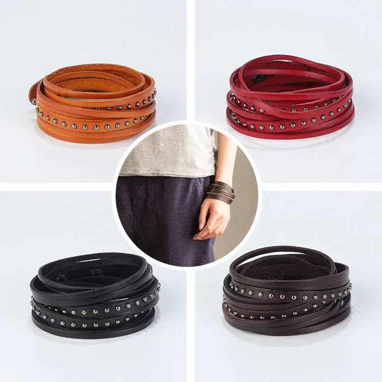 Vintage Punk Rivet Leather Bracelets Women Men Rock Black Fashion 2 Rounds Snap Button Bracelet Jewelry Pulseras Mujer