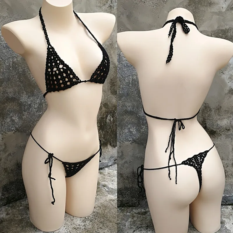 Crochê artesanal micro conjunto de biquíni sexy lingerie conjunto banho banho de sol preto