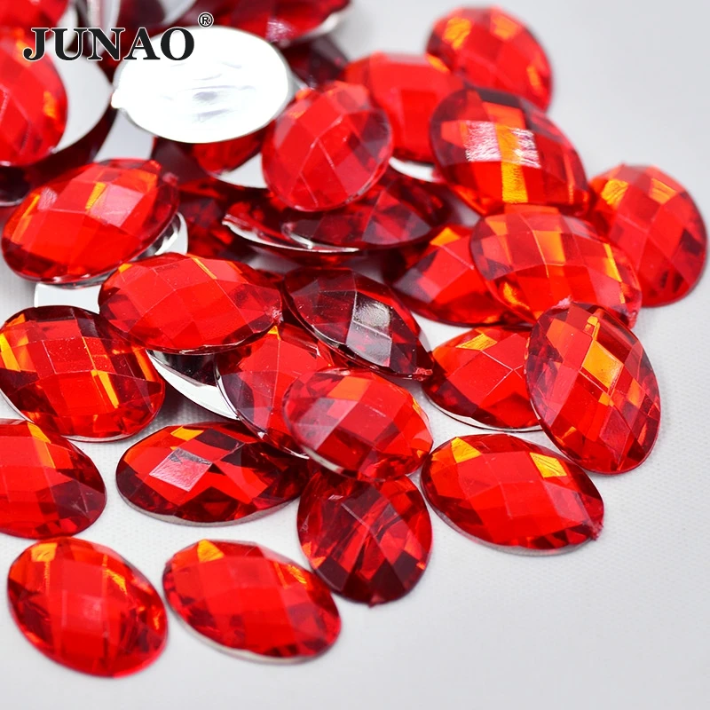 JUNAO 13*18mm Red Color Oval Rhinestones Flatback Acrylic Gems Glue On Fancy Crystals Stones For DIY Clothes Jewelry Crafts