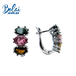 Bolaijewelry,natural multicolor tourmaline oval 5*7mm gemstone clasp earring 925 sterling silver fine jewelry women gift box