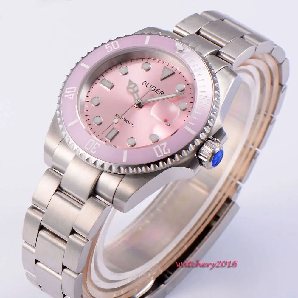 2019 Newest Hot 40mm BLIGER pink Dial Deployment Clasp Luminous Hands Date window Sapphire Crystal Automaic Movement Men\'s Watch