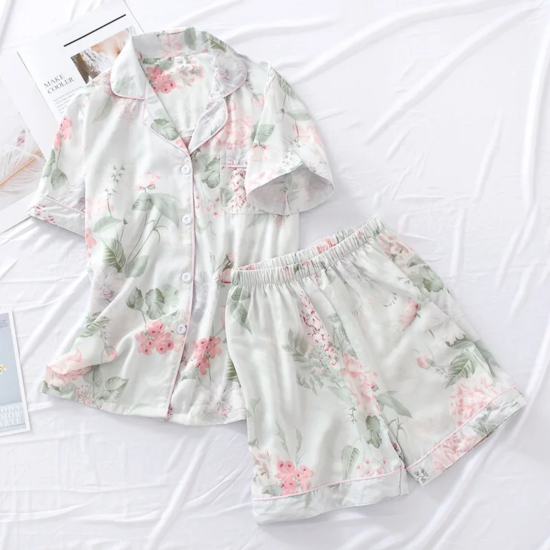 2Pcs Pajamas Set Women Simple Style Sleepwear 2023 Summer New Floral Printed Turn-down Collar Top+Shorts Comfort Homewear Set