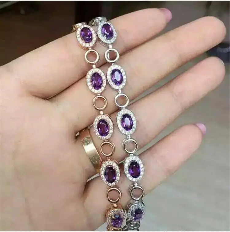 

Chain bracelet Natural real amethyst bracelet 925 sterling silver 4*6mm 8pcs gems Per jewelry For lady or girls