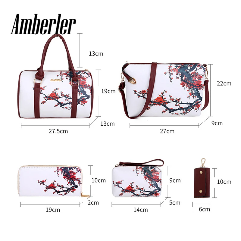 Amberler Luxury Women PU Leather Handbags Women Printed Bags Designer 6 Pieces Set Shoulder Crossbody Bags For Women Big Tote