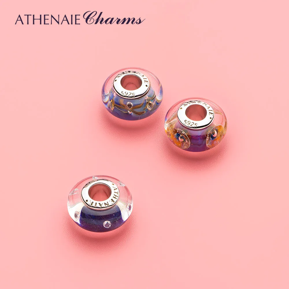 ATHENAIE Genuine Murano Glass 925 Silver Core Stars of Nights Charm Bead Fit European Bracelets Color Blue Christmas DIY Jewelry