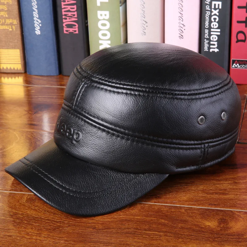 2018 Spring Man Genuine Leather Baseball Caps Male Casual Cowhide Hat Earmuffs Warm Adjustable Hats 3 Colors  B-7252