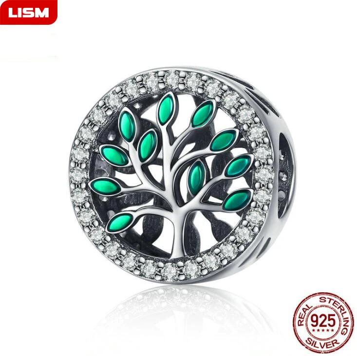 

New Style Life Tree Authentic Silver Dangle Charms Beads Green CZ Fit Original Bracelets 925 Sterling Silver Jewelry