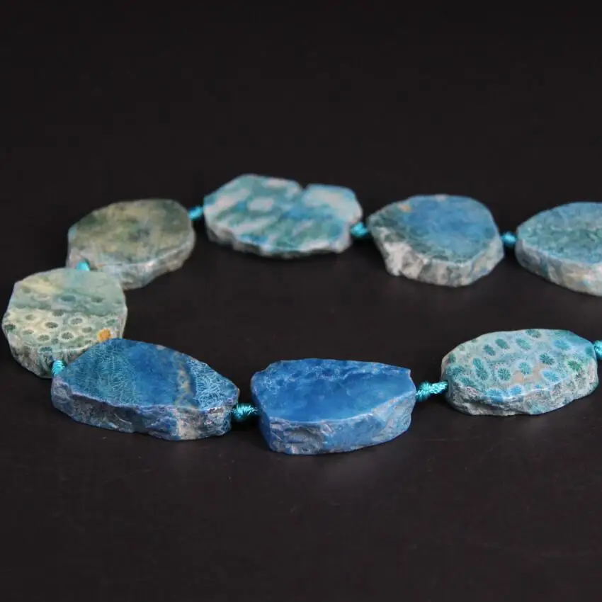 New!!! 11-13PCS/strand Blue Coral Jades Fossils Raw Slab Nugget Beads,Ocean Chrysanthemum Stone Agates Slice Pendants Jewelry