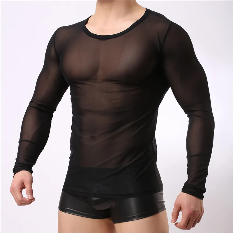 Mens Undershirt Gay clothing Nylon Mesh shirt men See Through Sheer Long Sleeves T Shirts Male Sexy transparent shirt Underwear