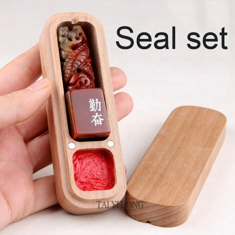 Best Chinese office stamp seal set Stamp stone red inkpad Wood box for painting calligraphy art set