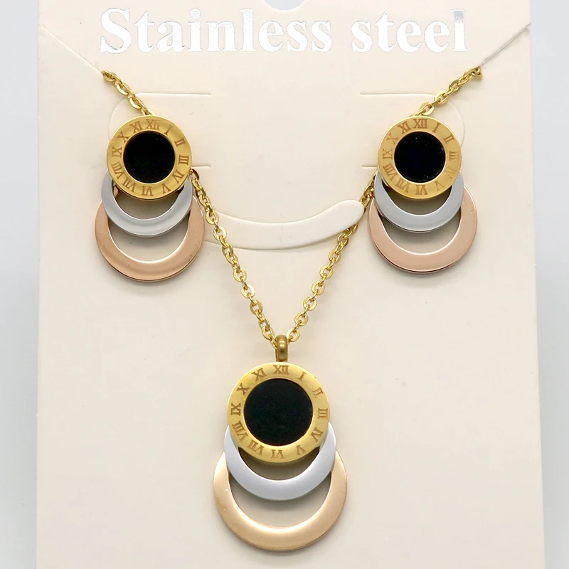 Consist 3 Colour Stainless Steel Jewelry Stes Brand Women Earrings & Necklace Jewelry Set For Female