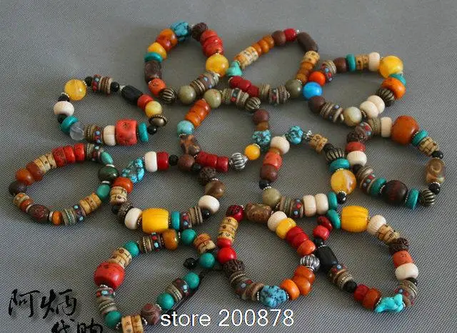 BB-213 Designer original-Tibetan colorful beaded bracelet,beeswax,coral,yak bones beads,Tibet Ethnic jewelry,mix Wholesale