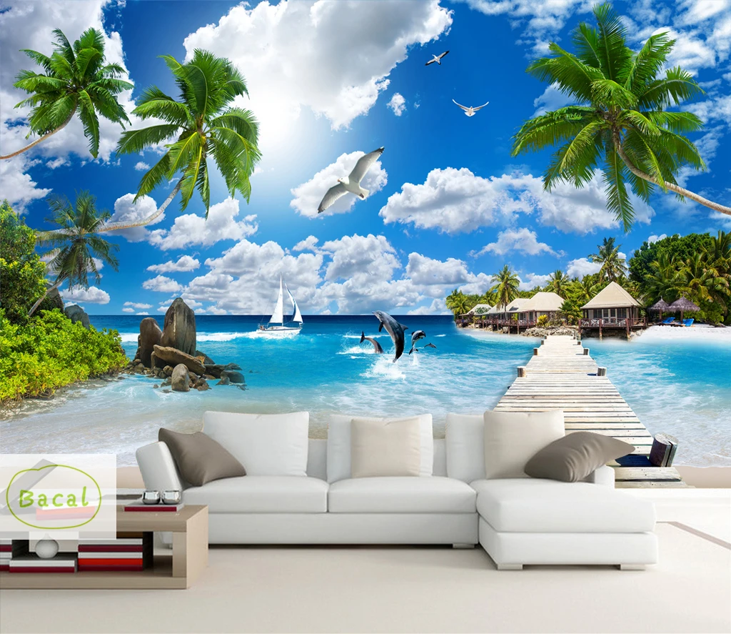 

Bacal Custom 3D Photo Wallpaper Balcony Sandy Beach Sea View 5D Living Room Sofa TV Background Wall Mural Wallpaper Home Decor