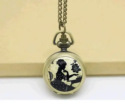 

fashion bronze enamel mirror black in wonderland clock girl alice pocket watch necklace hour clock wholesale antibrittle