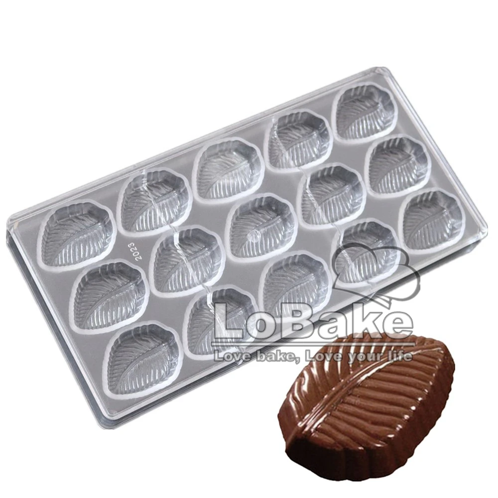 High Quality 15 cavities Leaf shape PC Polycarbonate chocolate mold fondant candy sweet ice cube tray mold for home DIY baking