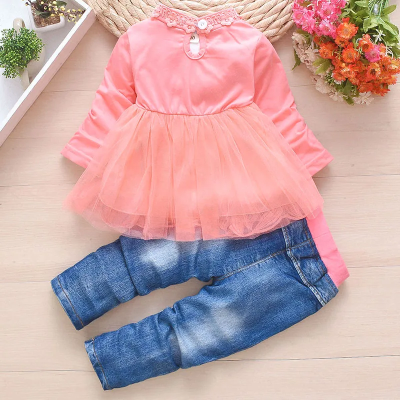 Spring Autumn Infant Baby Girl Denim Clothing Sets 3 pcs Long Sleeve T Shirt Dress Tops Denim Jacket and Jeans Trousers Pants