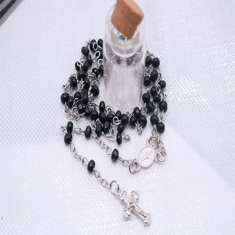 4mm Wishing Rosary Bottle Scented Wood Bead Necklace with Mini Jesus Cross Charm for Religious Catholic Jewelry Gifts