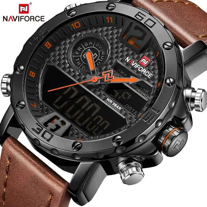 Mens Watches Luxury Brand NAVIFORCE Leather Sports Quartz LED Digital Clock Waterproof Military Wristwatches Relogio