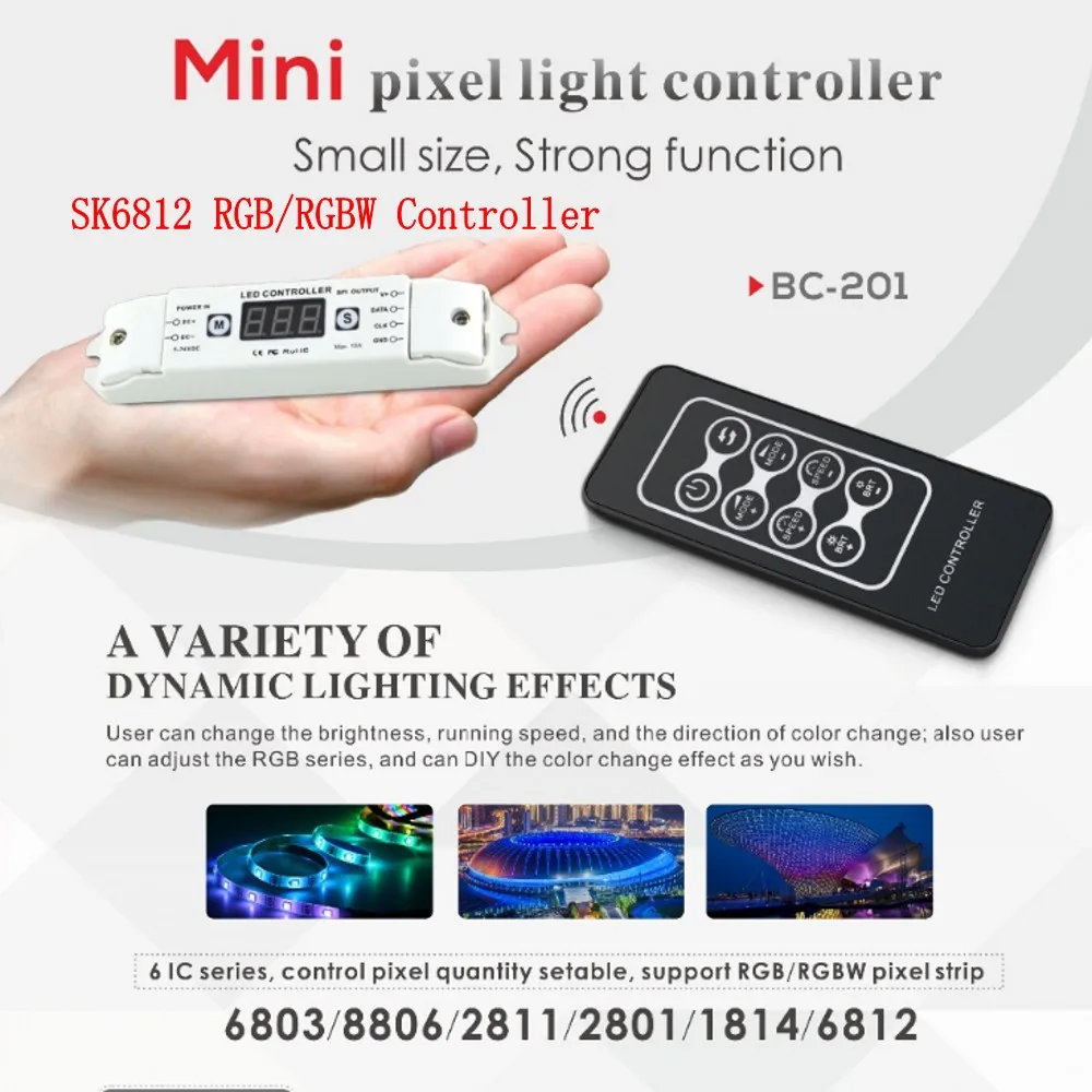 RGBW WWA RGB LED Controller with RF Remote  Controller for WS2812B WS2811 WS2801 LPD6803 LPD8806 SK6812 DC5V-24V Pixel Strip