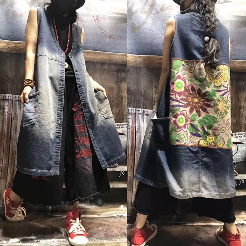 Miễn Phí Vận Chuyển 2021 Mùa Hè Mới Vintage Denim Áo Dài Cho Nữ Cỡ Rời Quần Jean Áo Khoác Không Tay Miếng Dán Thiết Kế Áo