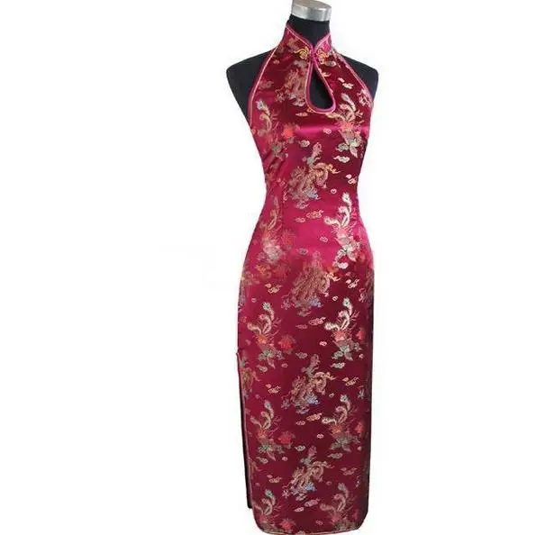 Sexy Bourgondië Backless Traditionele Chinese Jurk Lange Halter Cheongsam Qipao Novelty Druipen Kostuum Sml Xl Xxl Xxxl WC025