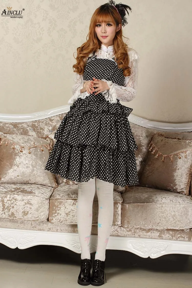 Asweet doce estilo feminino preto e branco poliéster japonês original lady suspensórios doce princesa lolita vestido