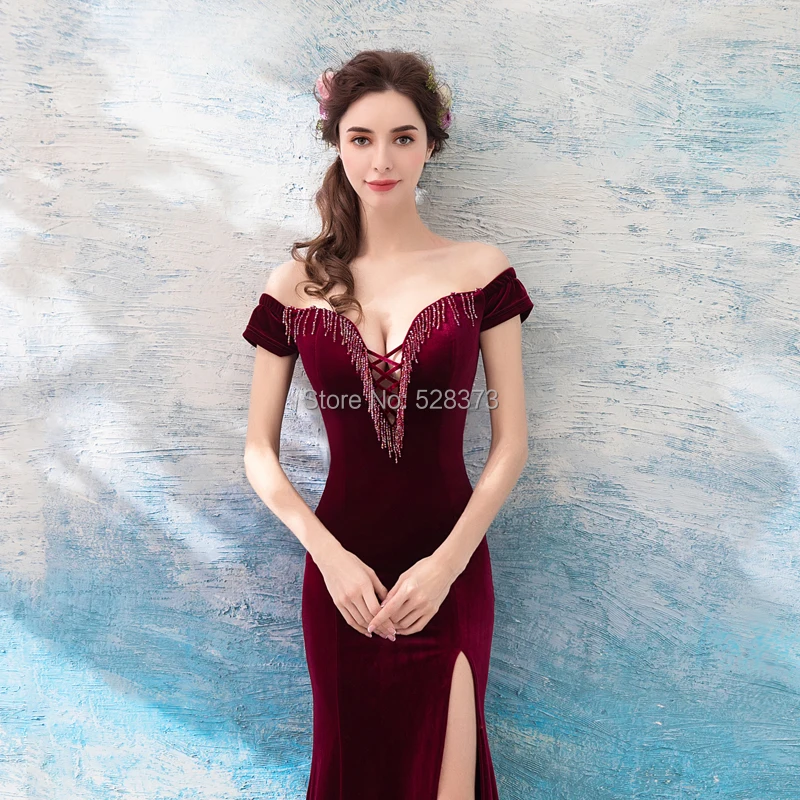 YNQNFS PD41 Crystal Beaded Off the Shoulder Sexy Bust Open High Slit Burgundy Velvet Prom Dresses Long