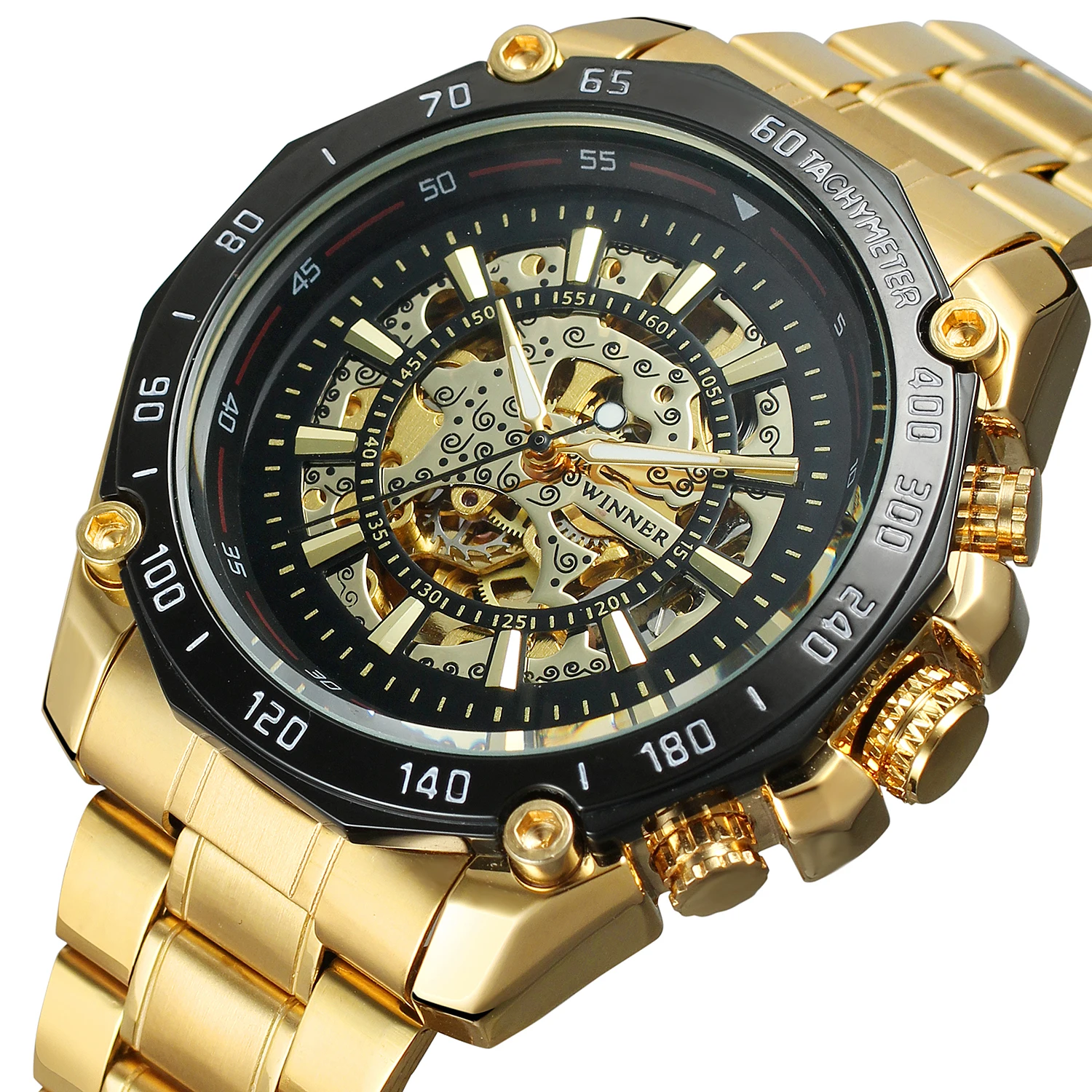 

Winner Luminous Brand Gold Steel Men Automatic Mechanical Skeleton Military Relogio Male Montre Men Sport Watch Relojes Hombre