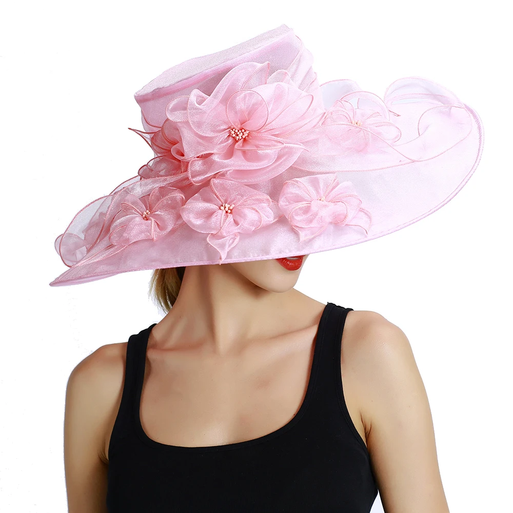 Outstanding Women\'s Wide Brim Summer Organza Hat with Handmade Floral Details for Church, Wedding or Kentucky Derby S10-3802