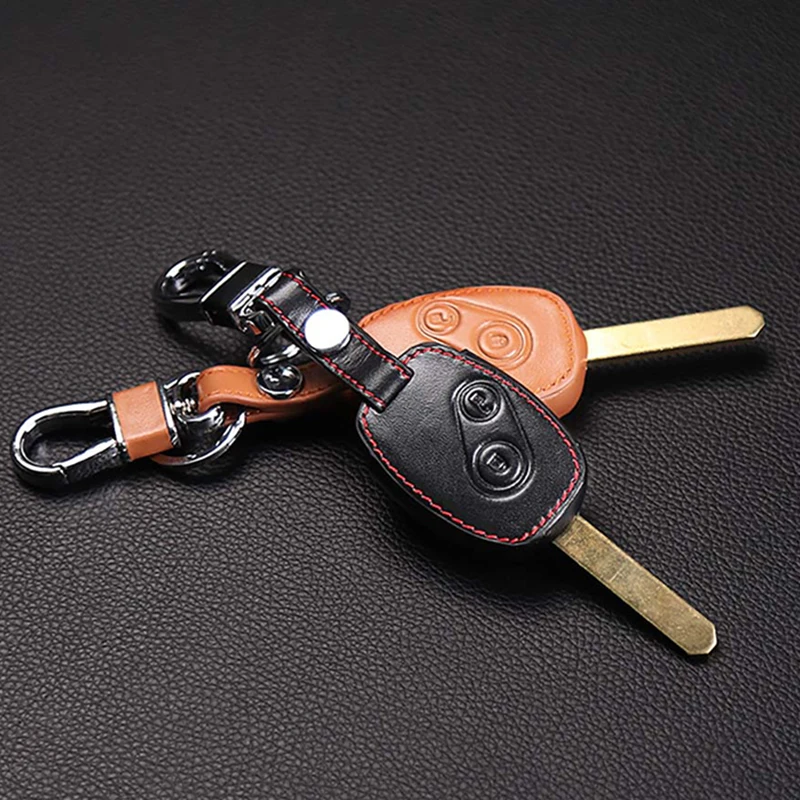 Genuine Leather Car Key Case Cover Key Chain Ring holder for Honda Accord Civic CRV Pilot Remote Key, 2 Buttons Protect cover