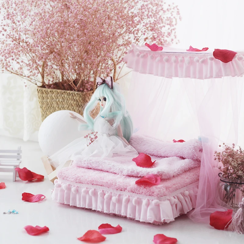 

1/6 Dollhouse Furniture toy for dolls pink soft bed model sets bjd doll Miniature simulation bed pretend play toys girls gifts