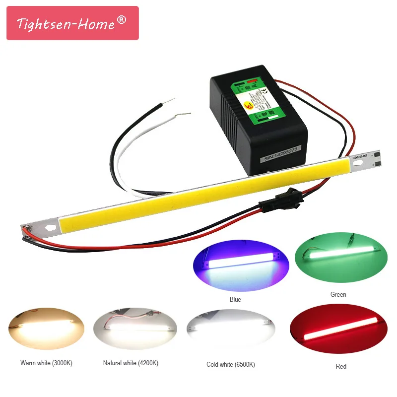 200x10mm LED Light source COB Strip bar Lamp+Driver DC 12-14V 10W 1000LM Green Red Blue Warm White Pure White for Light