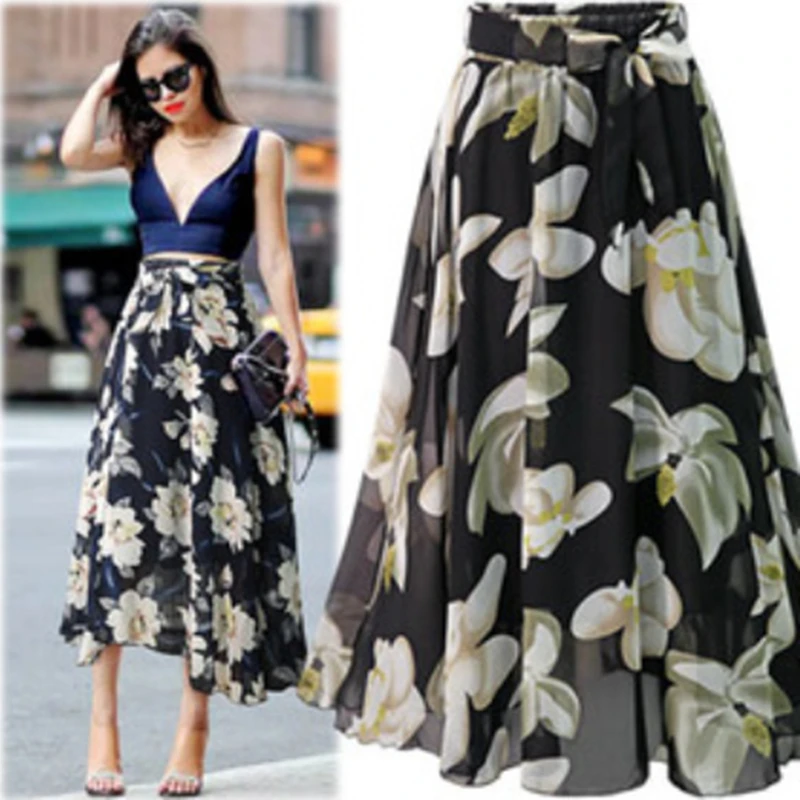 New Plus Size Women Chiffon Skirt Europe Fashion Bow Saia Midi Lining Jupe Femme Lace Up Falda Mujer Summer Print Floral Skirts