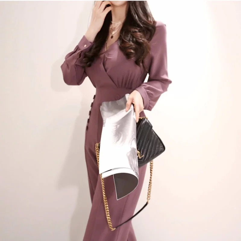 Lente Elegante Jumpsuits Voor Vrouwen 2019 Lange Mouwen Double Breasted Hoge Taille Zaken Ol Jumpsuit Zip Celebrity DD2070