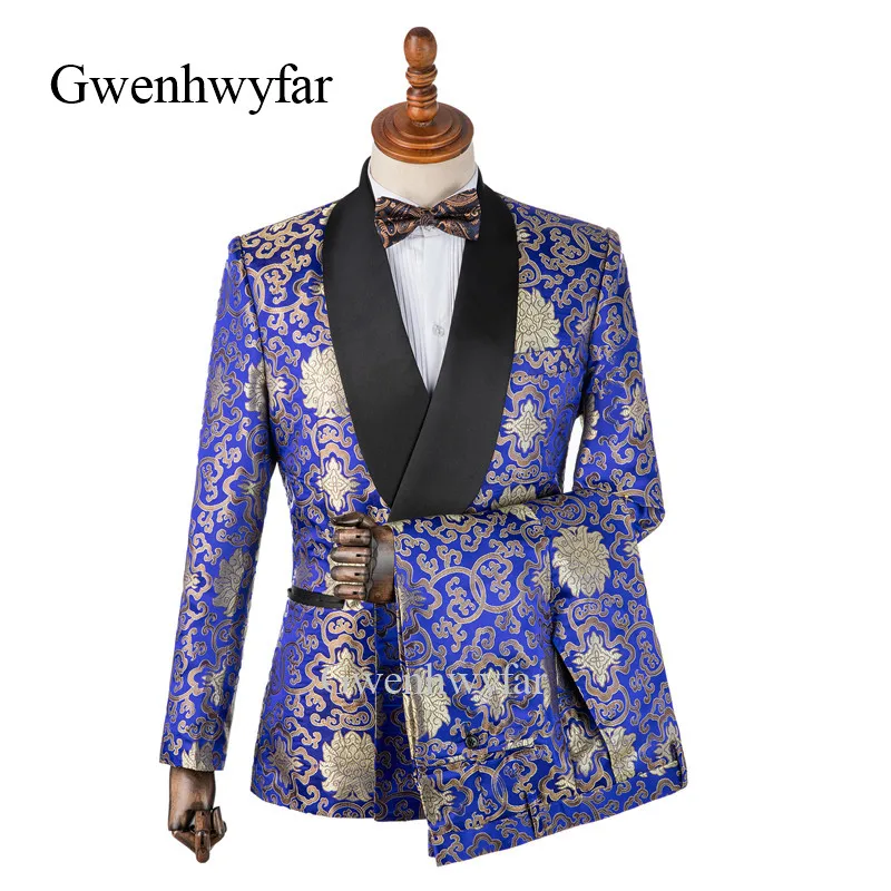 

Gwenhwyfar Design Gold Floral Pattern Shawl Lapel Prom Men Tuxedos Slim Fit Wedding Suits Custom Made Groom Suit Blazer 2Pieces