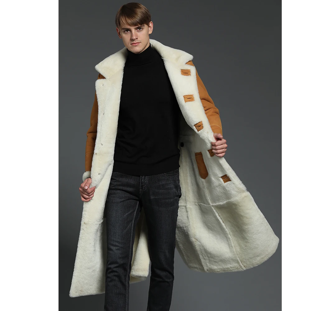 X-Long Genuine Sheep Shearling Jacket Real Fur Lining Sheep Skin Coat Male Winter Warm Jacket Men Fur Handsome Long Overcoat