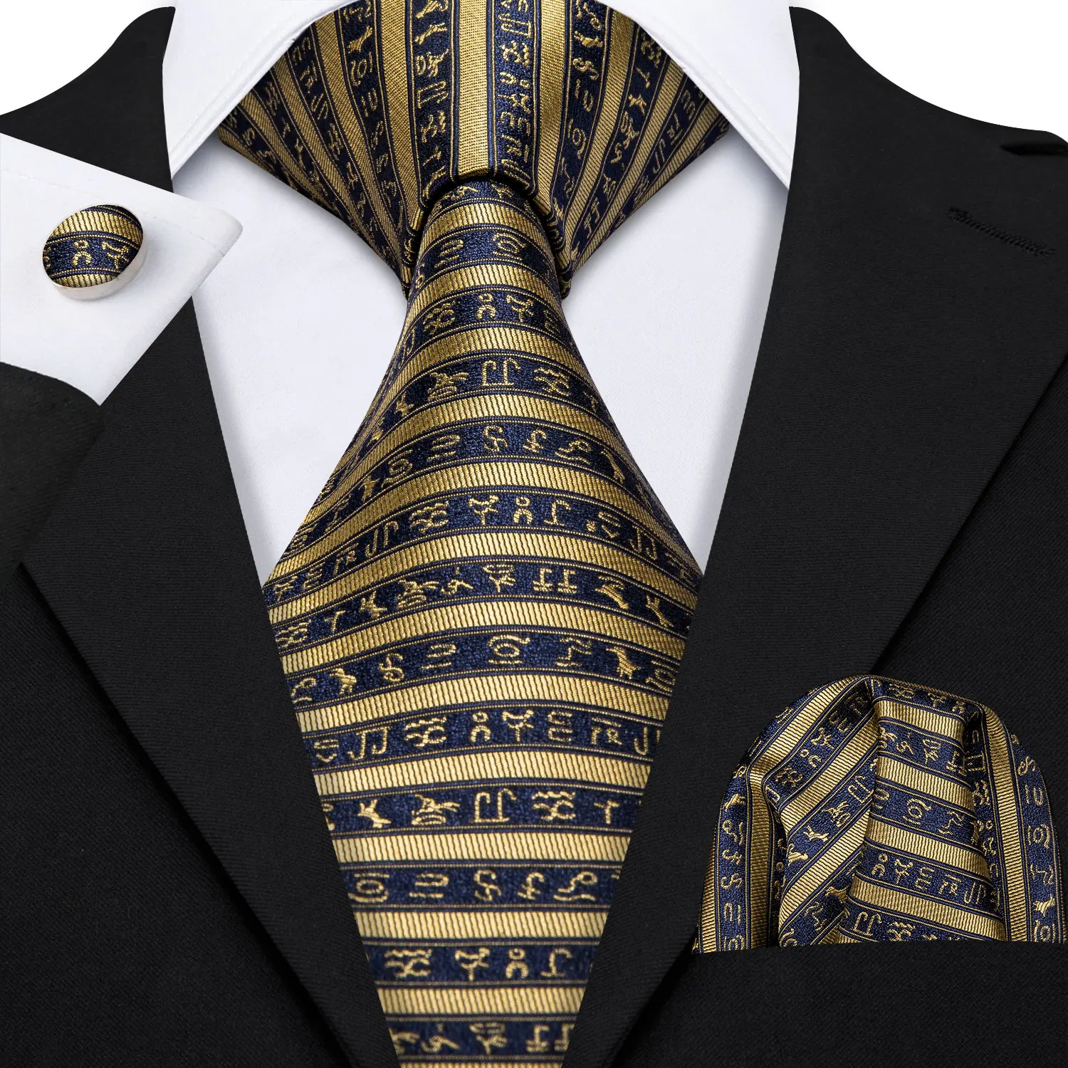 

Classical Zebra Striped Tie For Mens Silk Necktie Hanky Cufflink Set Jacquard Men Tie Gold Black Men Tie Set Barry.Wang LS-5173