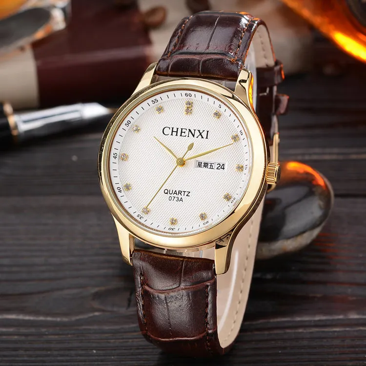 2019Men Kinh Doanh Đôi Lịch Không-cơ khí Cổ Tay Da Đồng Hồ Dây Đeo Đơn Giản Vòng Quay Tấm SimpleQuartz Đồng Hồ