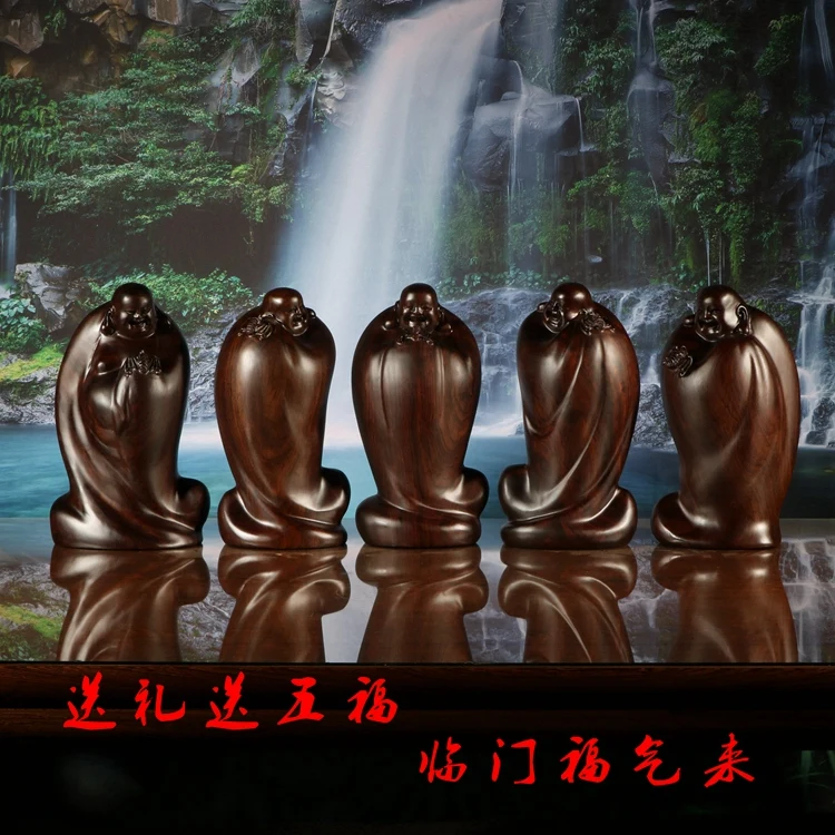 Ebony wood carving of the Buddha Buddha Maitreya Five blessings descend upon the house decoration in front of blessing Maitreya