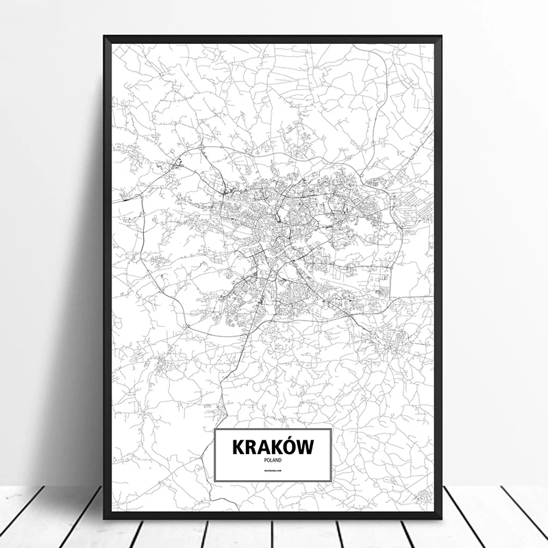 Krakow, Poland Black White Custom World City Map Poster Canvas Print Nordic Style Wall Art Home Decor