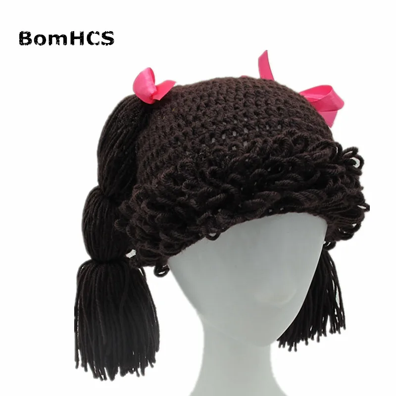 BomHCS Cute Pigtail Wig Beanie Women's Girl's Braid Hat 100% Handmade Knitted Winter Gift