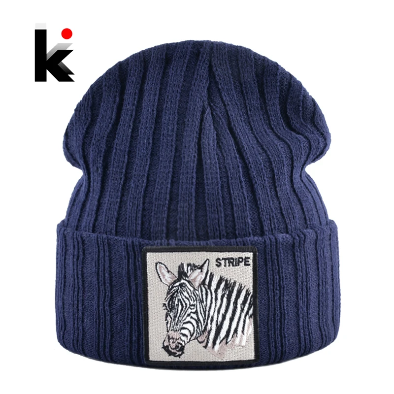 Knitted Beanie Hats For Men Autumn Winter Skullies Beanies With Embroidery Zebra Patch Fashion Knitting Hat Women Hip Hop Gorras