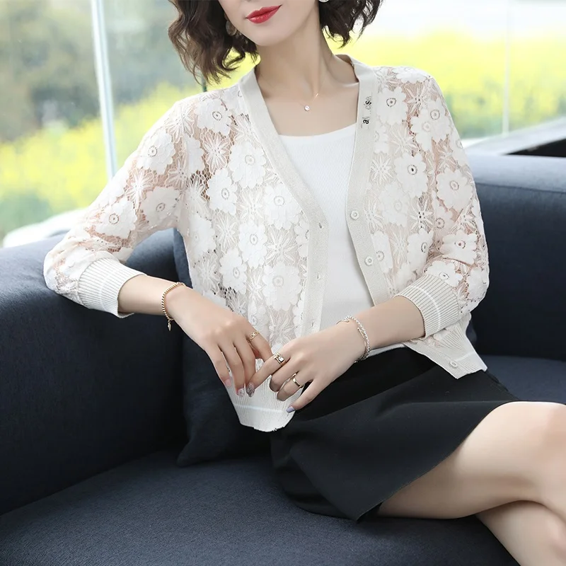 Women Summer Knit Lace Cardigan V-Neck Elegant Lady Lace Coat See Through Hollow Knitwear