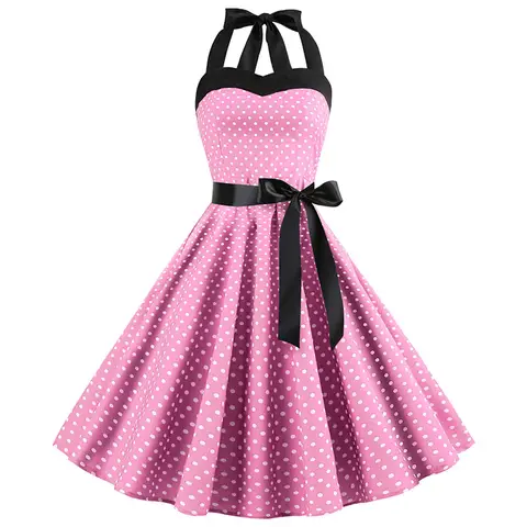 Sexy Retro White Polka Dot Dress Hepburn Vintage Halter Party Dress 50s 60s Pin Up Rockabilly Robe