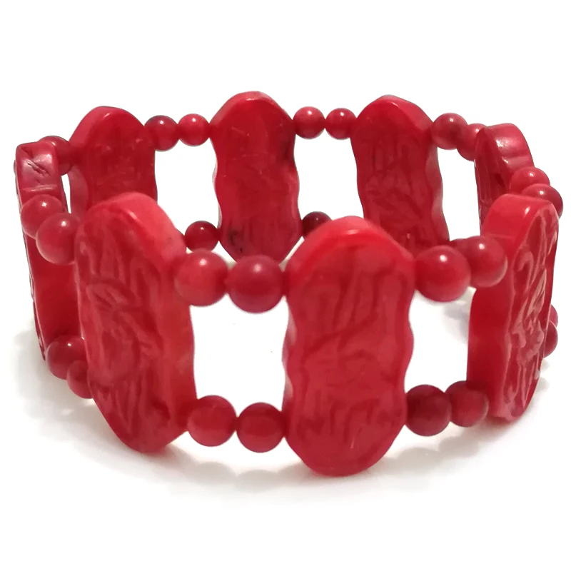 7 inches Stretch 15*30mm Red Flat Floral Hand Carved Natural Coral Bracelet