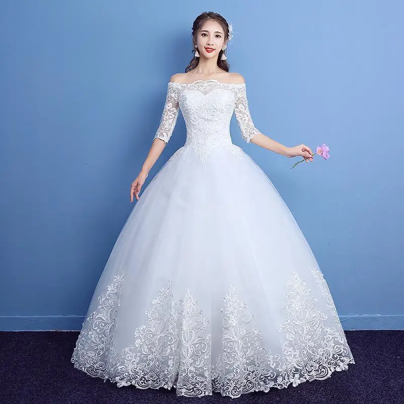 Robe De mariée classique en dentelle, manches mi-longues, col bateau, épaules dénudées, application personnalisée, nouvelle collection 2021