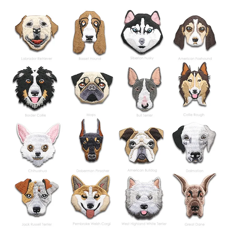 16pcs/lot labrador doberman mopshond dog embroidered patches for clothing iron on patch applique cute stickers for clothes