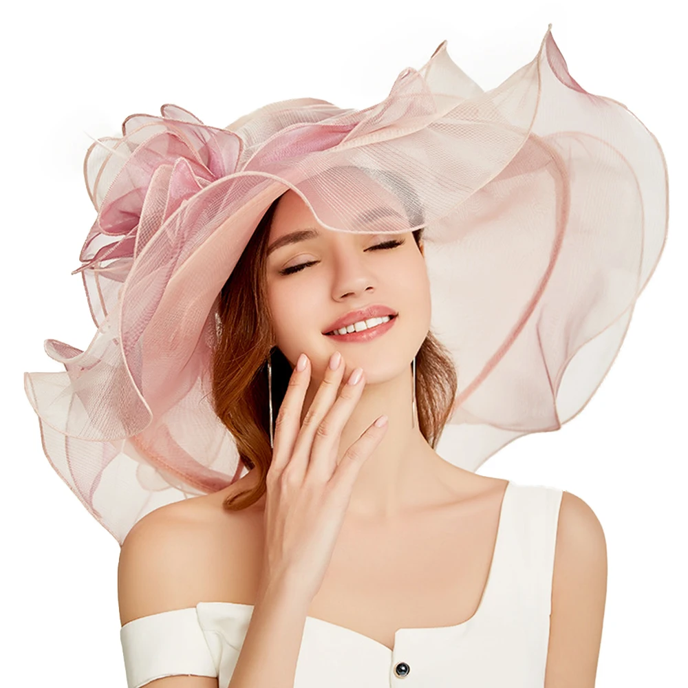 FS 2024 Pink Organza Church Hats For Women Elegant Large Brim Tea Party Wedding Cap Big Flower Fascinator Kentucky Derby Hat