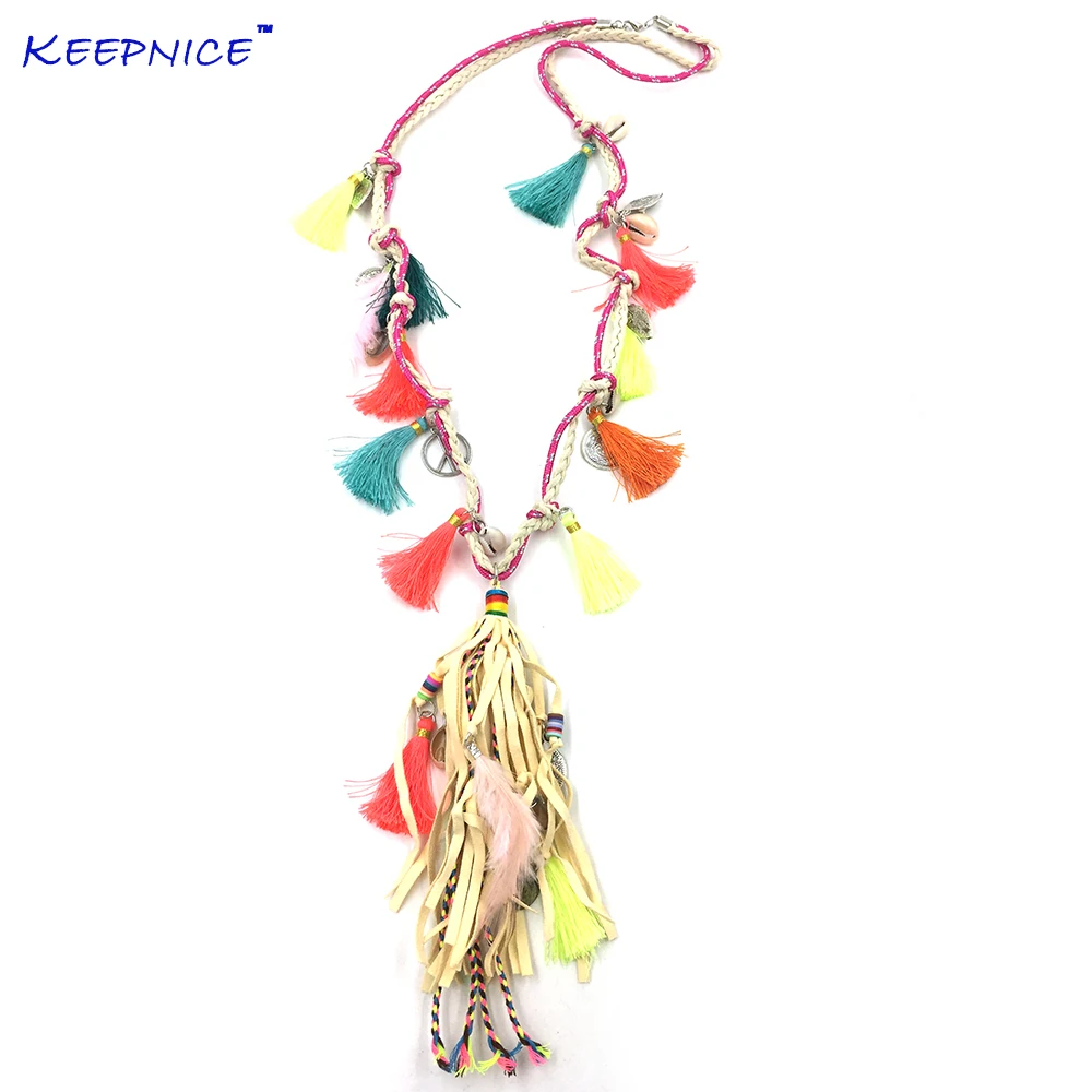 

New Boho chic Jewelry Leather long Fringe Tassel Pendents Bohemia Necklaces Silk Tassel Charm Feather Charm Ethnic Necklace